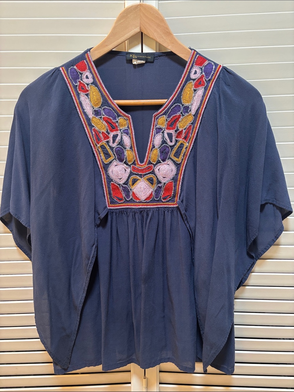 Vintage Kld Signature Navy Embroidered V-Neck Tunic Top